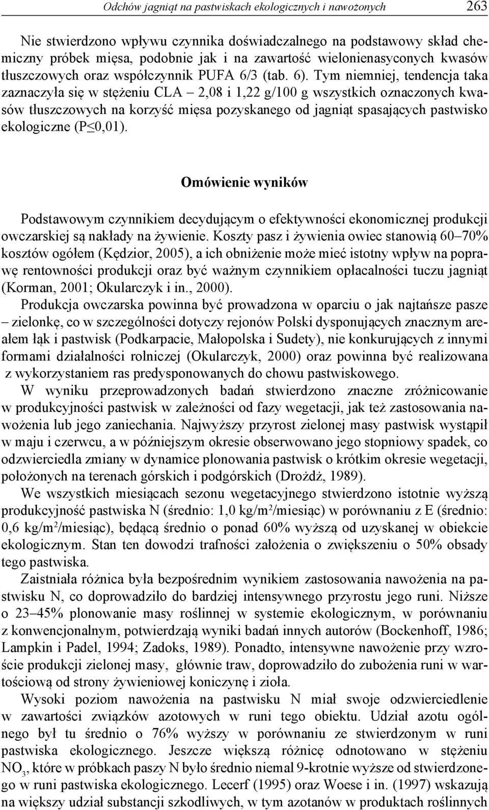 Tym niemniej, tendencja taka zaznaczyła się w stężeniu CLA 2,08 i 1,22 g/100 g wszystkich oznaczonych kwasów tłuszczowych na korzyść mięsa pozyskanego od jagniąt spasających pastwisko ekologiczne (P