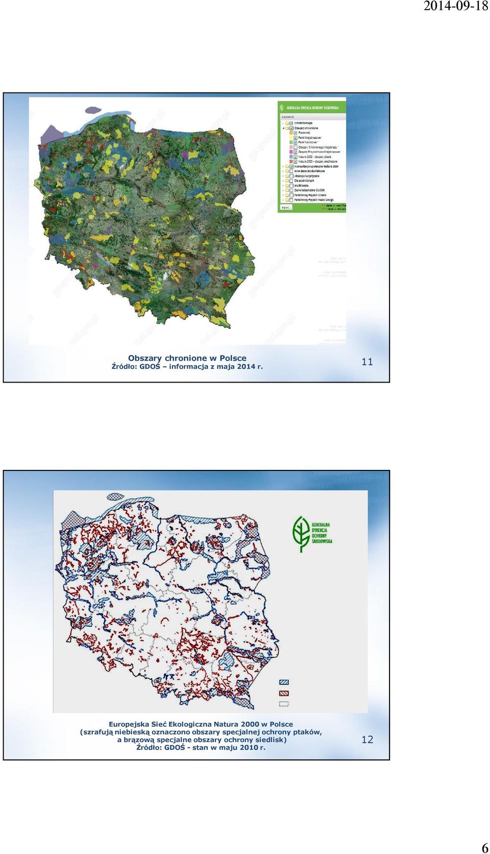 niebieską oznaczono obszary specjalnej ochrony ptaków, a brązową