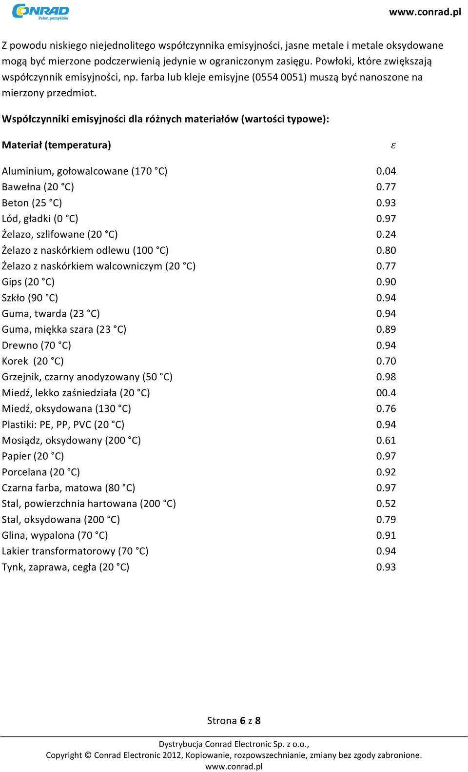 Współczynniki emisyjności dla różnych materiałów (wartości typowe): Materiał (temperatura) Aluminium, gołowalcowane (170 C) Bawełna (20 C) Beton (25 C) Lód, gładki (0 C) Żelazo, szlifowane (20 C)