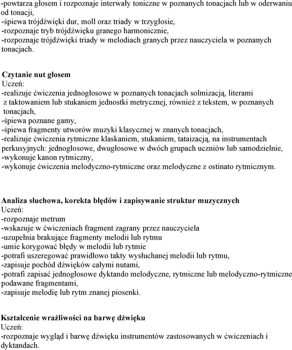 Czytanie nut głosem -realizuje ćwiczenia jednogłosowe w poznanych tonacjach solmizacją, literami z taktowaniem lub stukaniem jednostki metrycznej, również z tekstem, w poznanych tonacjach, -śpiewa