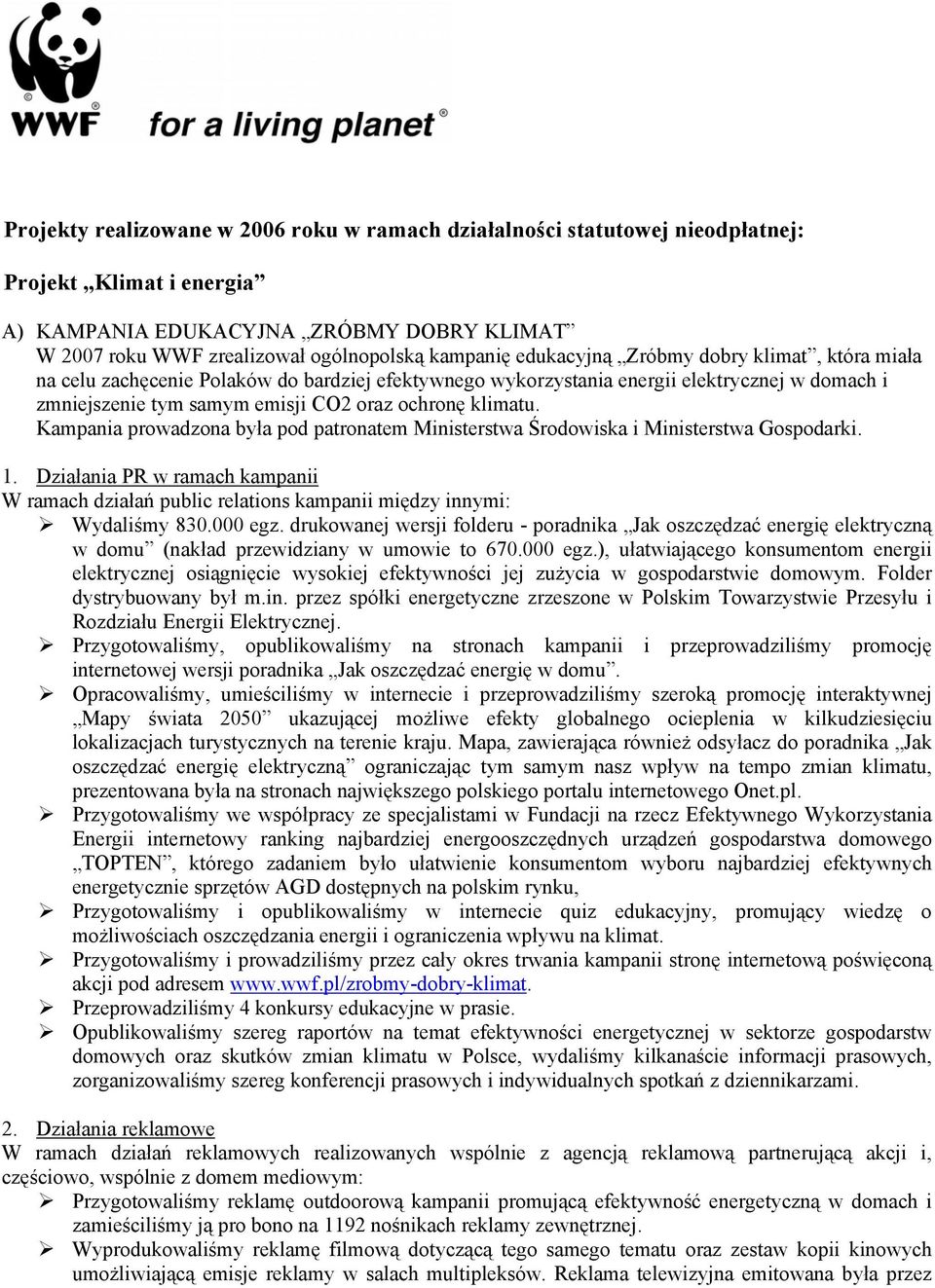 Kampania prowadzona była pod patronatem Ministerstwa Środowiska i Ministerstwa Gospodarki. 1. Działania PR w ramach kampanii W ramach działań public relations kampanii między innymi: Wydaliśmy 830.