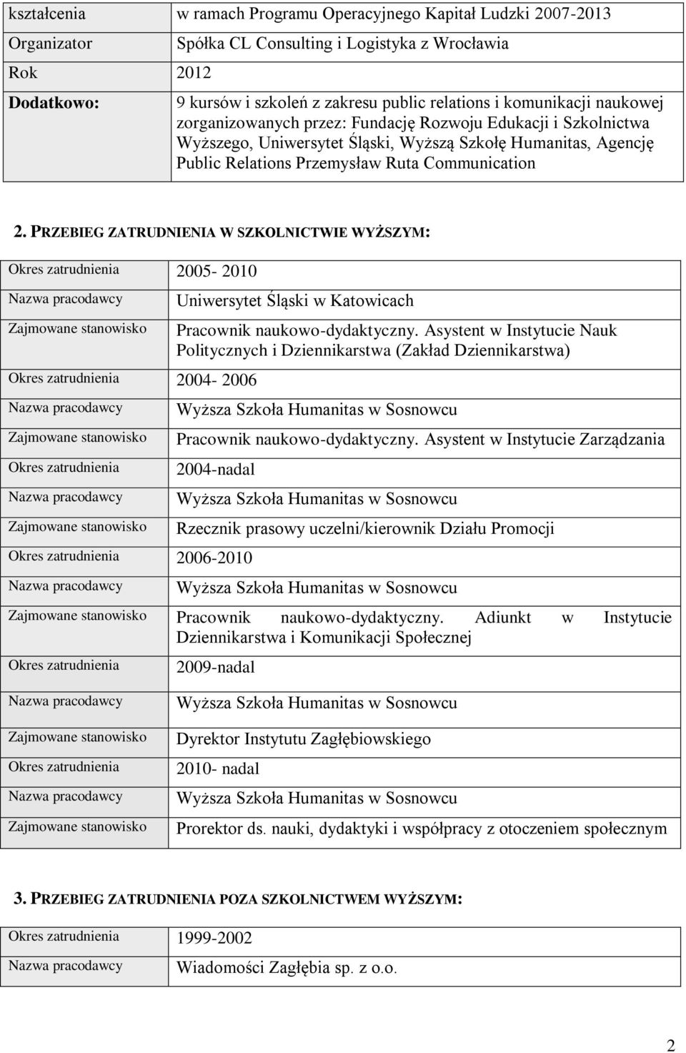 PRZEBIEG ZATRUDNIENIA W SZKOLNICTWIE WYŻSZYM: Okres zatrudnienia 2005-2010 Okres zatrudnienia 2004-2006 Okres zatrudnienia Uniwersytet Śląski w Katowicach Pracownik naukowo-dydaktyczny.