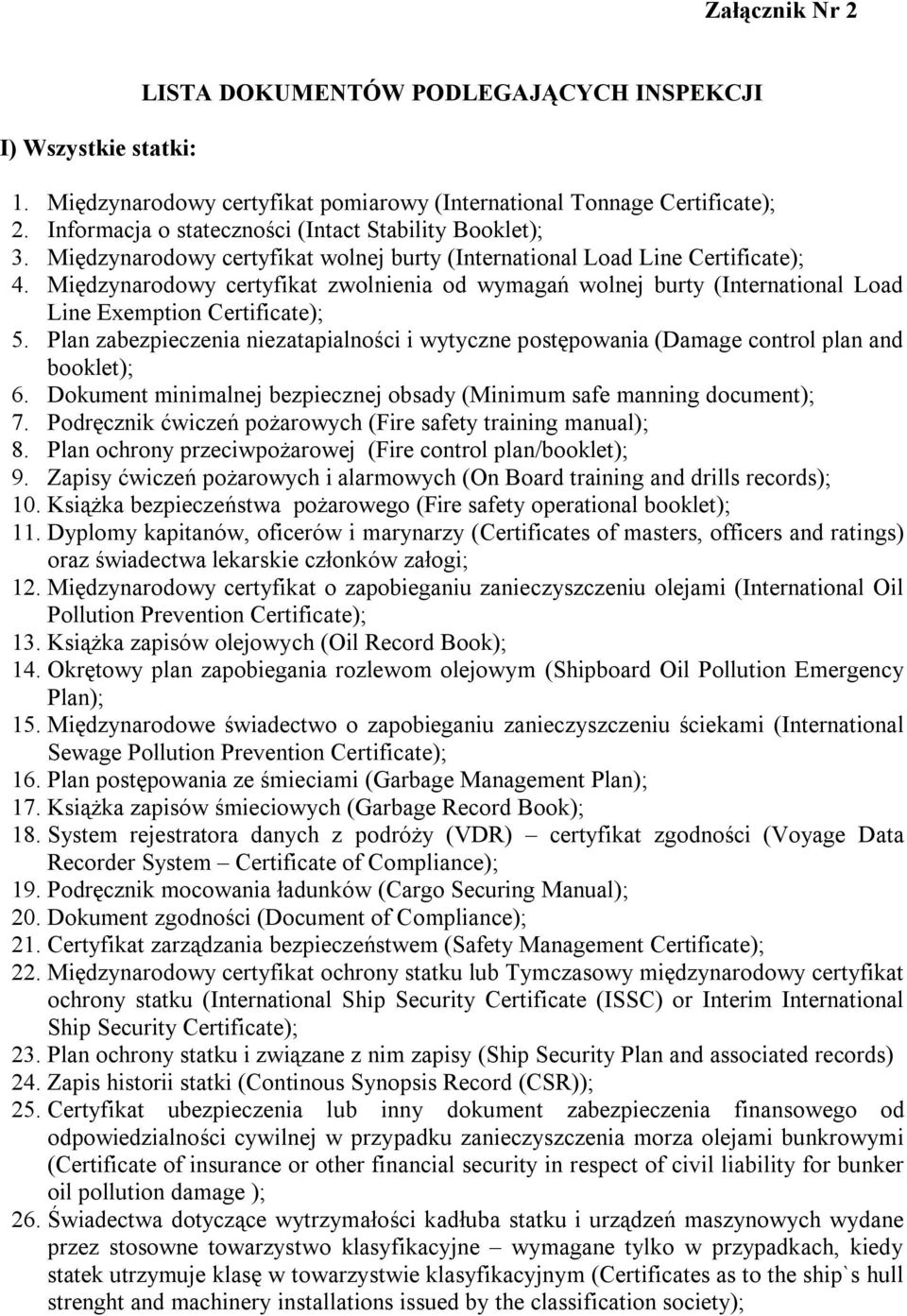 Międzynarodowy certyfikat zwolnienia od wymagań wolnej burty (International Load Line Exemption Certificate); 5.