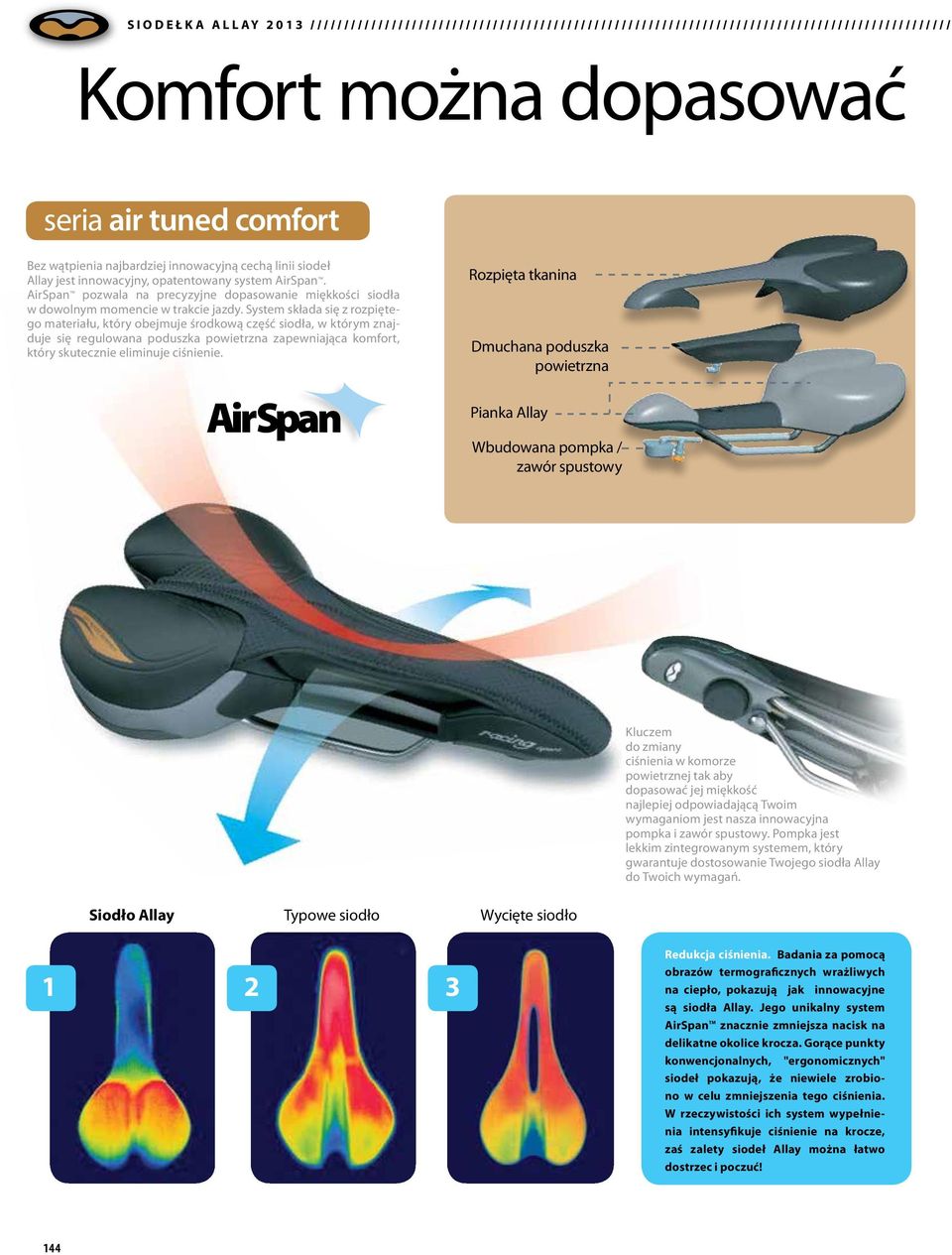 System składa się z rozpiętego materiału, który obejmuje środkową część siodła, w którym znajduje się regulowana poduszka powietrzna zapewniająca komfort, który skutecznie eliminuje ciśnienie.