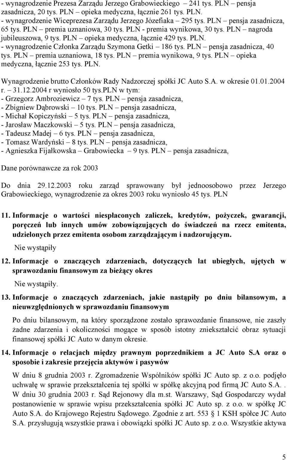 PLN pensja zasadnicza, 40 tys. PLN premia uznaniowa, 18 tys. PLN premia wynikowa, 9 tys. PLN opieka medyczna, łącznie 253 tys. PLN. Wynagrodzenie brutto Członków Rady Nadzorczej spółki JC Au