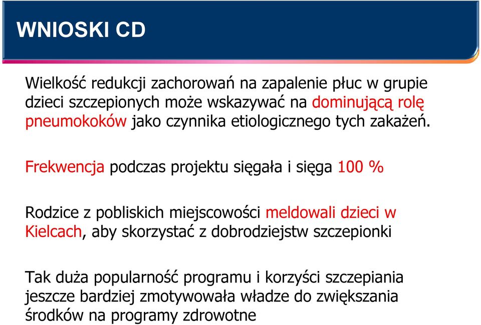 Frekwencja podczas projektu sięgała i sięga 100 % Rodzice z pobliskich miejscowości meldowali dzieci w Kielcach, aby