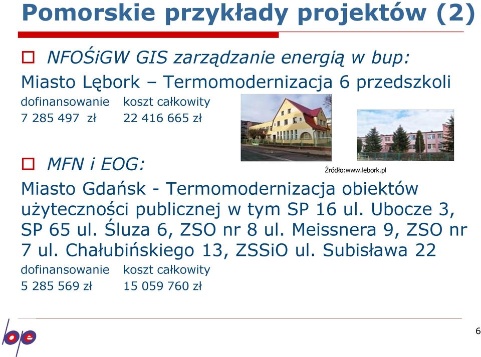 obiektów użyteczności publicznej w tym SP 16 ul. Ubocze 3, SP 65 ul. Śluza 6, ZSO nr 8 ul. Meissnera 9, ZSO nr 7 ul.