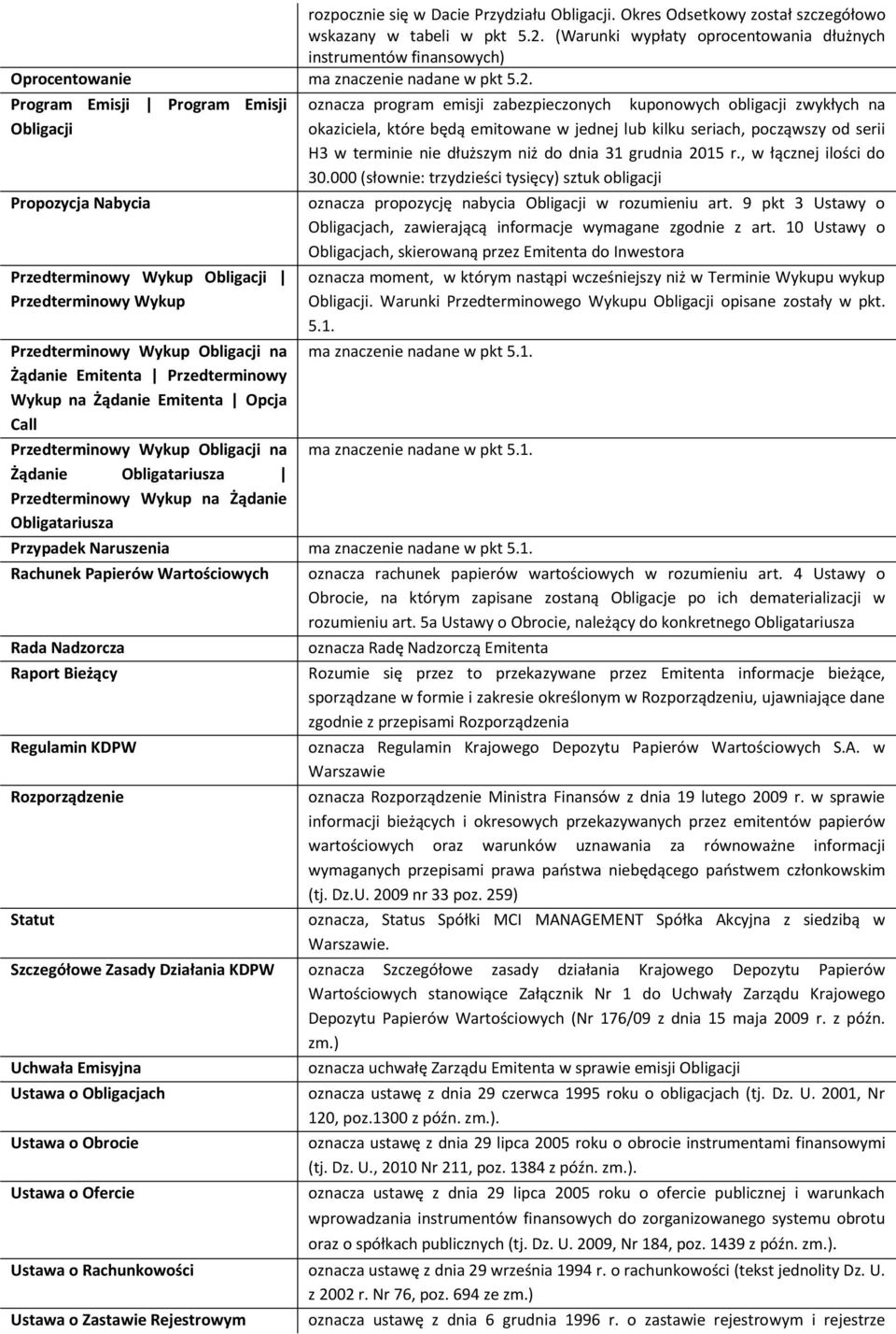 Program Emisji Program Emisji Obligacji Propozycja Nabycia Przedterminowy Wykup Obligacji Przedterminowy Wykup Przedterminowy Wykup Obligacji na Żądanie Emitenta Przedterminowy Wykup na Żądanie