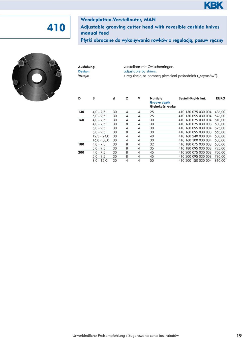 EURO Groove depth G bokoêç rowka 130 4,0-7,5 30 4 4 25 410 130 075 030 004 486,00 5,0-9,5 30 4 4 25 410 130 095 030 004 576,00 160 4,0-7,5 30 4 4 30 410 160 075 030 004 510,00 4,0-7,5 30 8 4 30 410