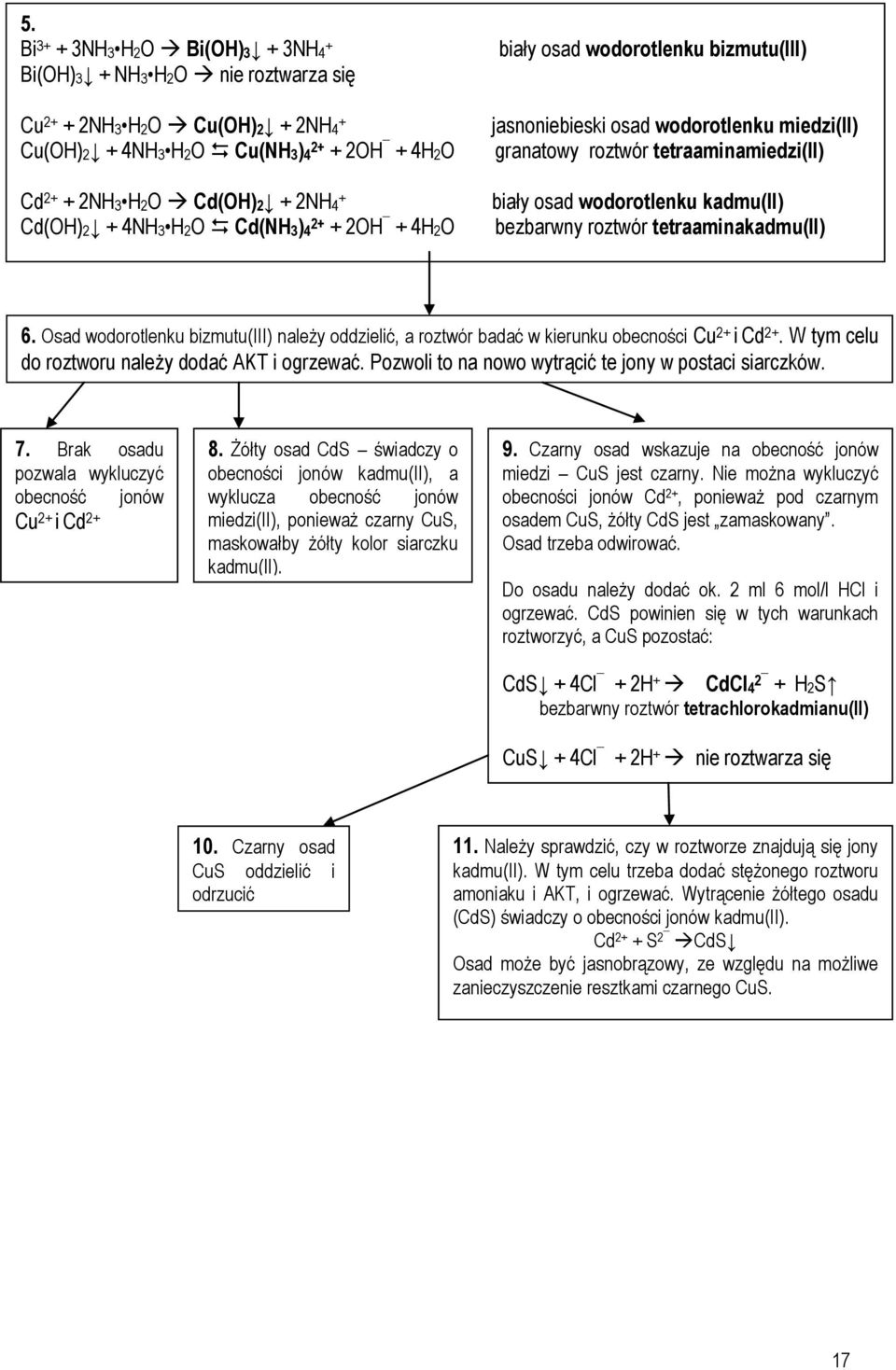 roztwór tetraaminakadmu(ii) 6. Osad wodorotlenku bizmutu(iii) należy oddzielić, a roztwór badać w kierunku obecności Cu 2+ i Cd 2+. W tym celu do roztworu należy dodać AKT i ogrzewać.