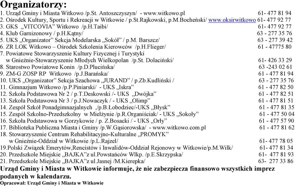 ZR LOK Witkowo Ośrodek Szkolenia Kierowców /p.h.flieger/ 61-47775 80 7. Powiatowe Stowarzyszenie Kultury Fizycznej i Turystyki w Gnieźnie-Stowarzyszenie Młodych Wielkopolan /p.st. Dolaciński/ 61-426 33 29 8.