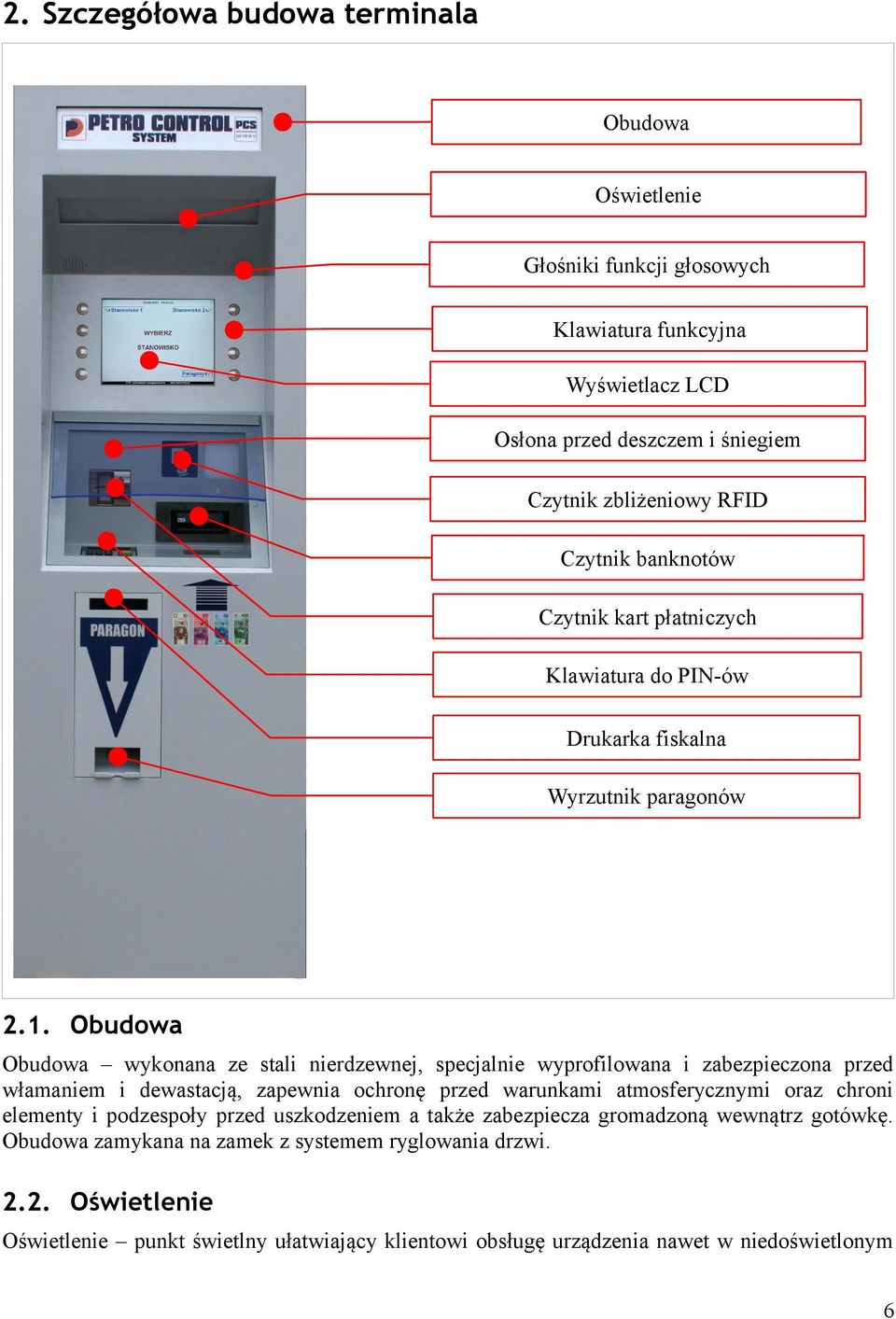 Obudowa Obudowa wykonana ze stali nierdzewnej, specjalnie wyprofilowana i zabezpieczona przed włamaniem i dewastacją, zapewnia ochronę przed warunkami atmosferycznymi oraz chroni