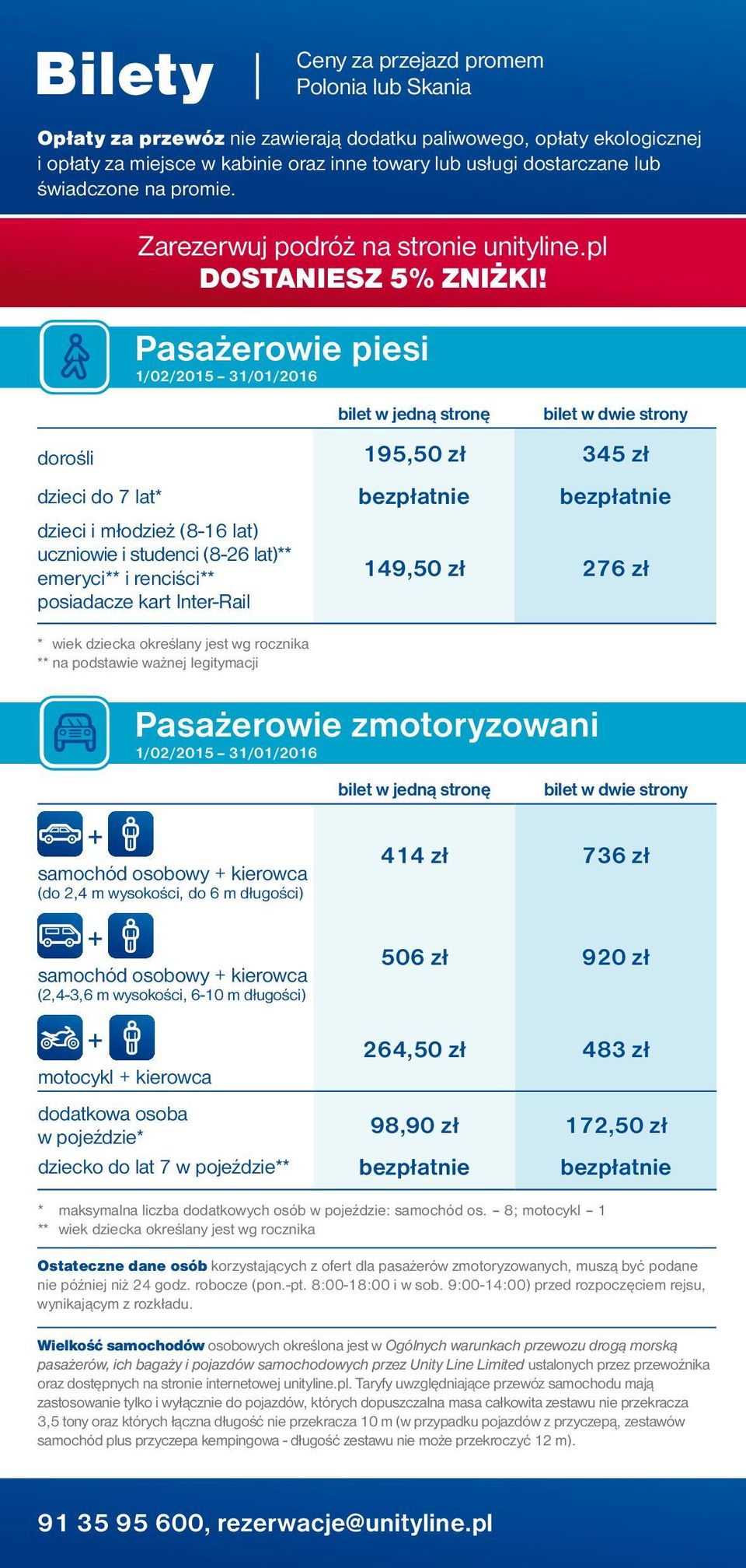 Pasażerowie piesi 1/02/2015 31/01/2016 bilet w jedną stronę Pasażerowie zmotoryzowani 1/02/2015 31/01/2016 bilet w dwie strony dorośli 195,50 zł 345 zł dzieci do 7 lat* bezpłatnie bezpłatnie dzieci i