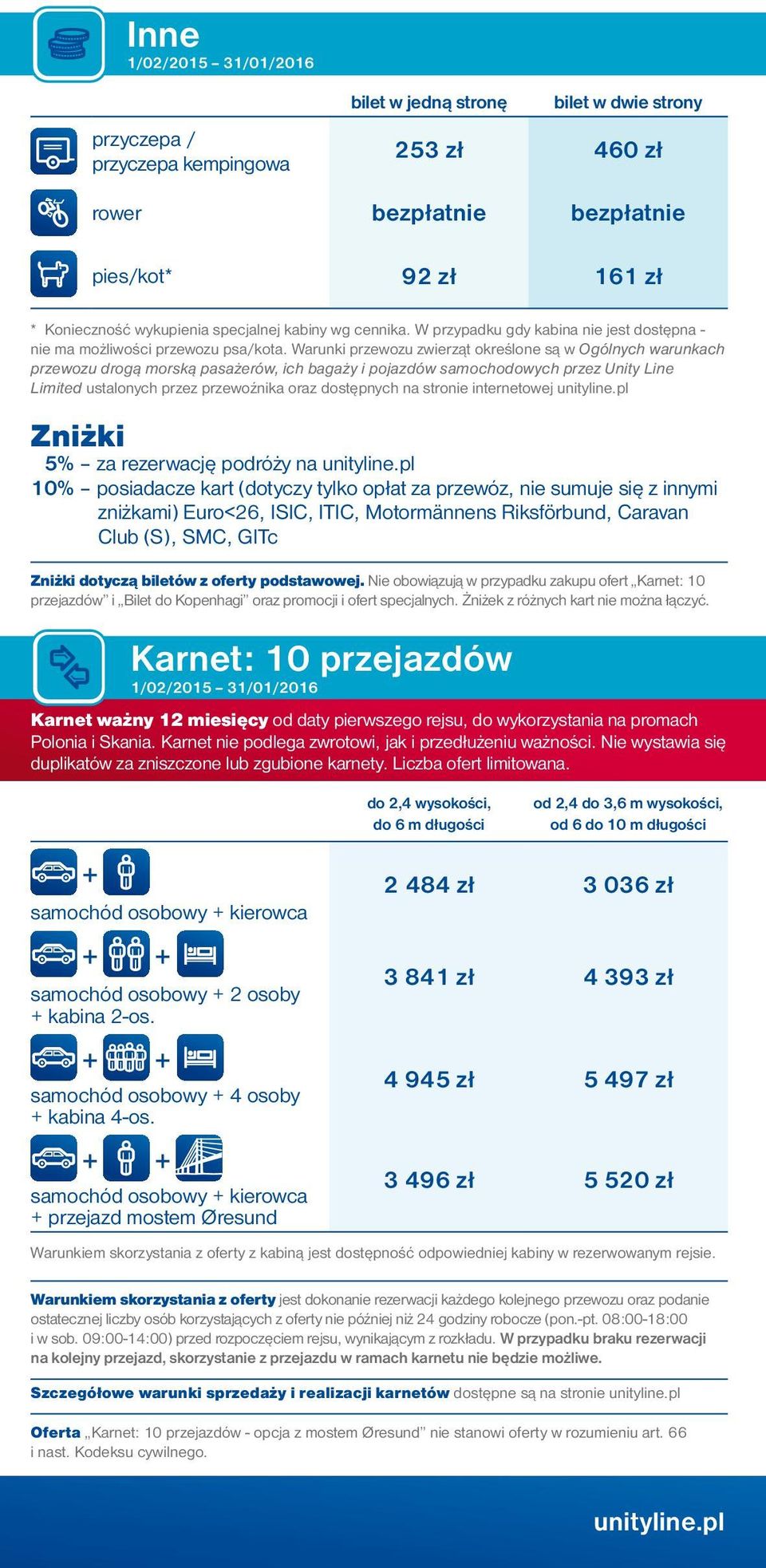 Warunki przewozu zwierząt określone są w Ogólnych warunkach przewozu drogą morską pasażerów, ich bagaży i pojazdów samochodowych przez Unity Line Limited ustalonych przez przewoźnika oraz dostępnych