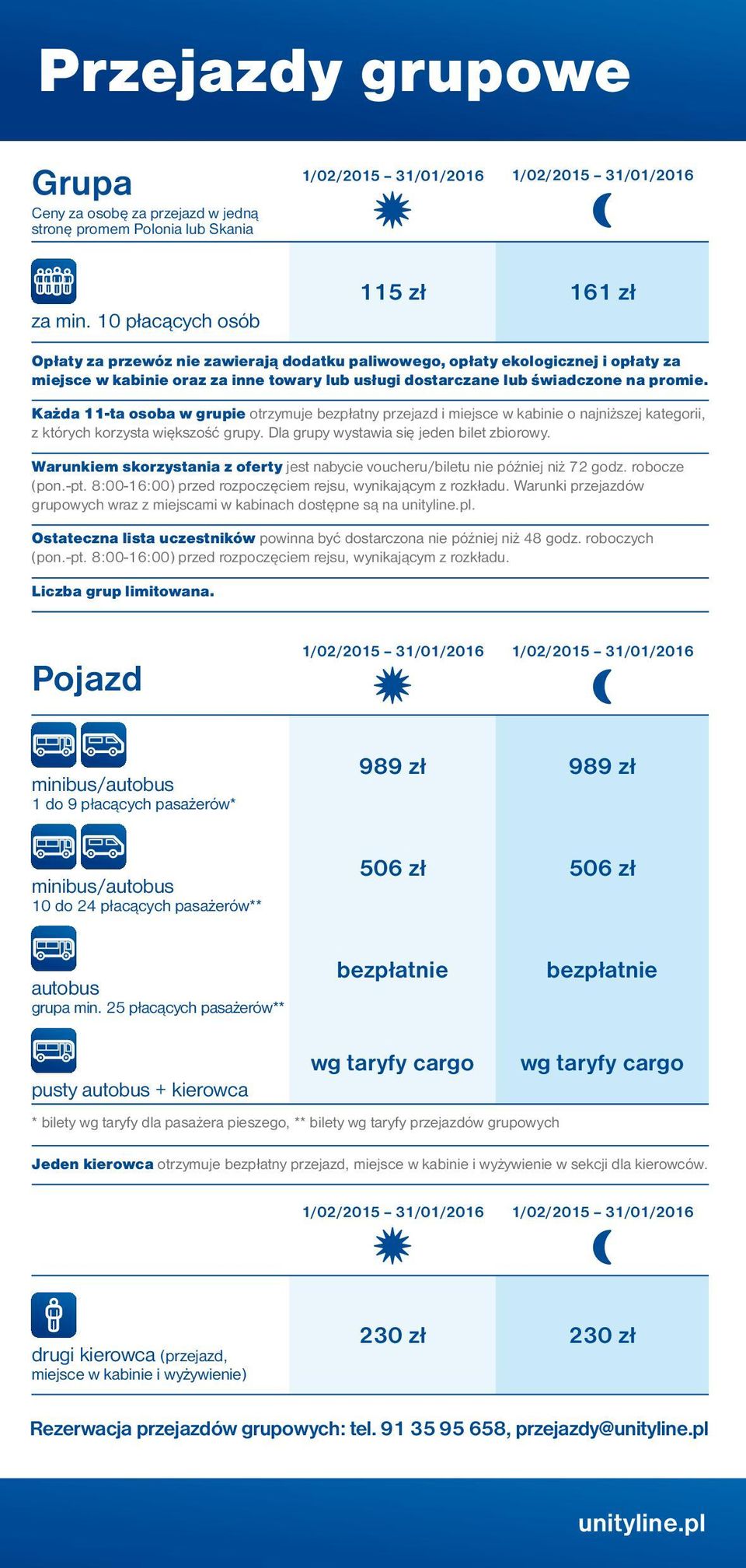 promie. Każda 11-ta osoba w grupie otrzymuje bezpłatny przejazd i miejsce w kabinie o najniższej kategorii, z których korzysta większość grupy. Dla grupy wystawia się jeden bilet zbiorowy.