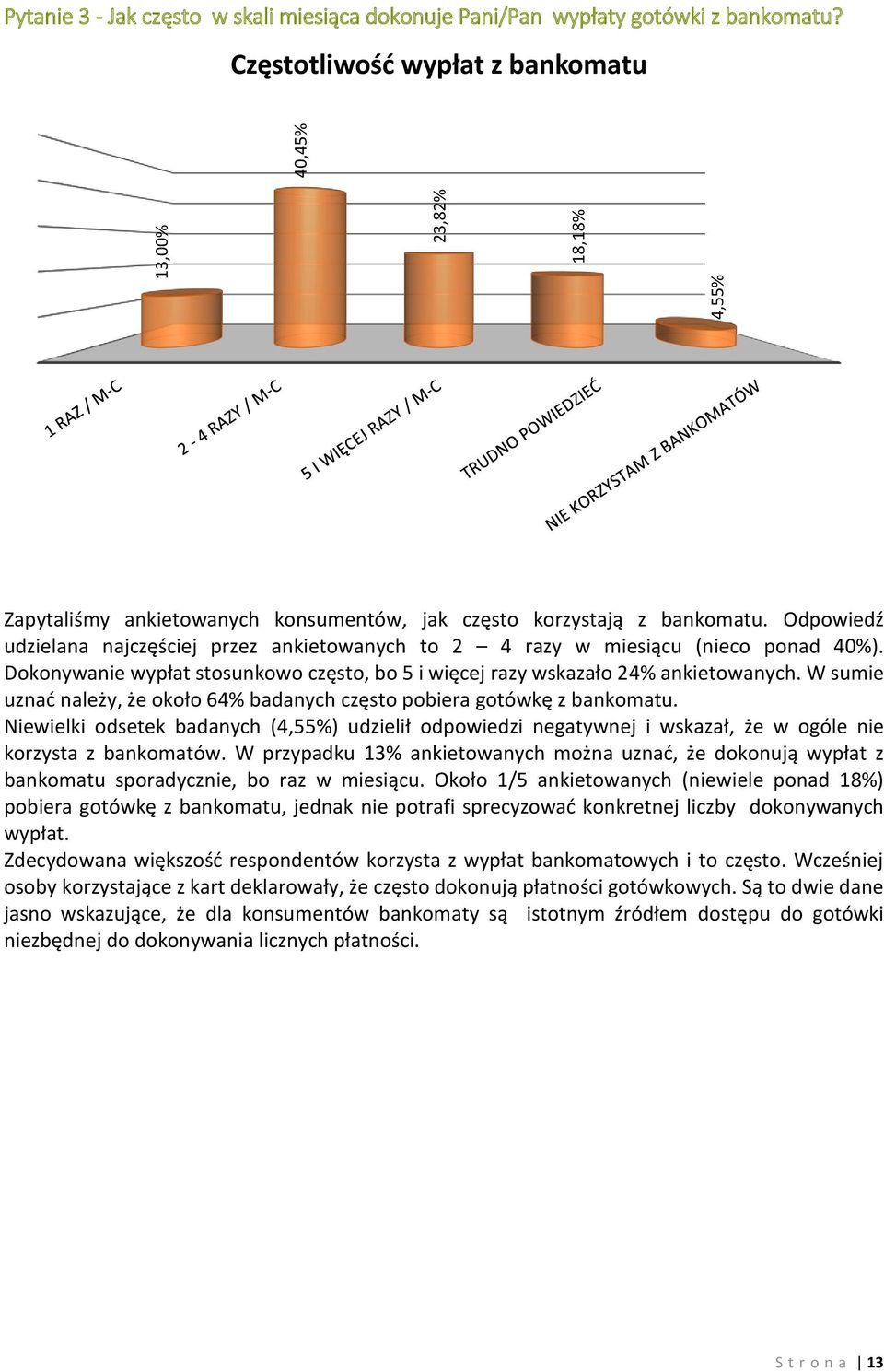 Dokonywanie wypłat stosunkowo często, bo 5 i więcej razy wskazało 24% ankietowanych. W sumie uznać należy, że około 64% badanych często pobiera gotówkę z bankomatu.