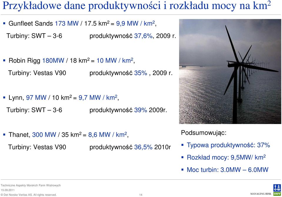 Robin Rigg 180MW / 18 km 2 = 10 MW / km 2, Turbiny: Vestas V90 produktywność 35%, 2009 r.