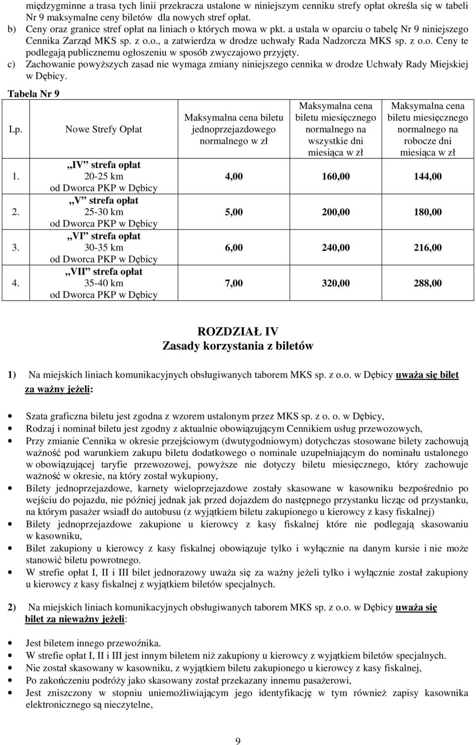 c) Zachowanie powyŝszych zasad nie wymaga zmiany niniejszego cennika w drodze Uchwały Rady Miejskiej w Dębicy. Tabela Nr 9 3. 4.