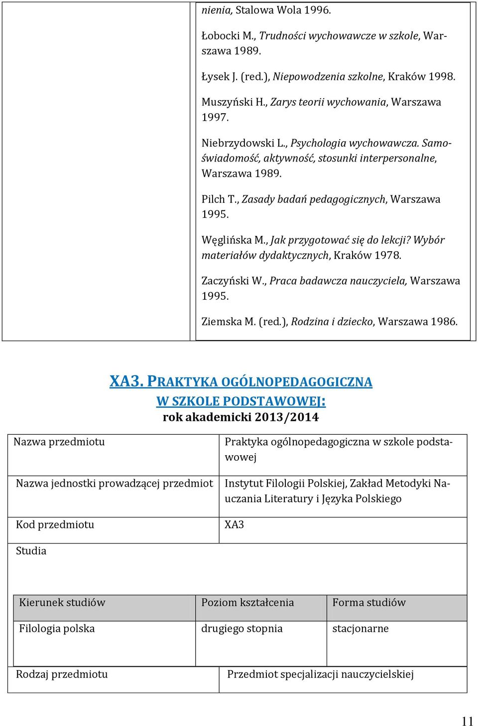 , Jak przygotować się do lekcji? Wybór materiałów dydaktycznych, Kraków 1978. Zaczyński W., Praca badawcza nauczyciela, Warszawa 1995. Ziemska M. (red.), Rodzina i dziecko, Warszawa 1986. XA3.