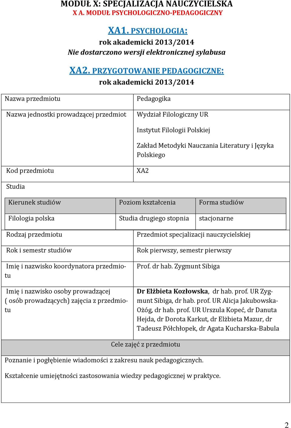 Literatury i Języka Polskiego Kod przedmiotu XA2 Studia Kierunek studiów Poziom kształcenia Forma studiów Filologia polska Studia drugiego stopnia stacjonarne Rodzaj przedmiotu Rok i semestr studiów