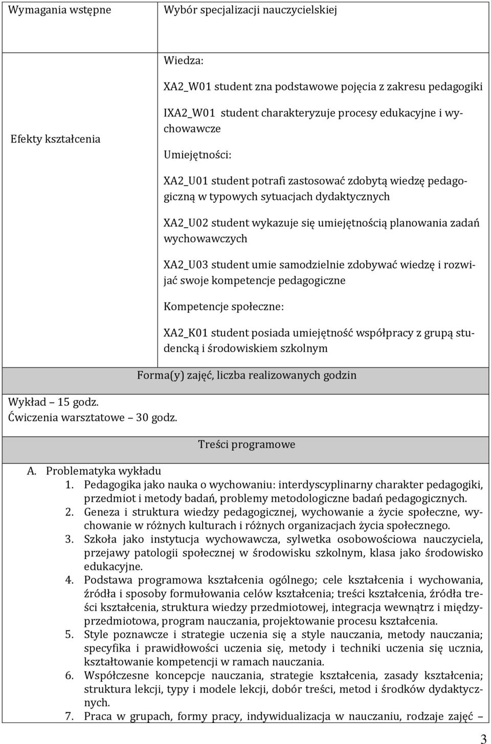 XA2_U01 student potrafi zastosować zdobytą wiedzę pedagogiczną w typowych sytuacjach dydaktycznych XA2_U02 student wykazuje się umiejętnością planowania zadań wychowawczych XA2_U03 student umie