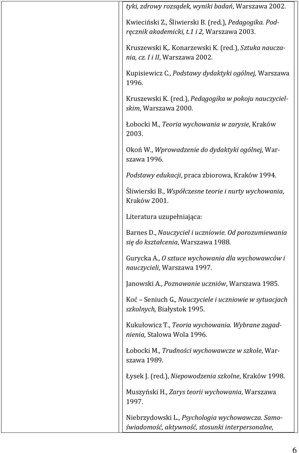 , Teoria wychowania w zarysie, Kraków 2003. Okoń W., Wprowadzenie do dydaktyki ogólnej, Warszawa 1996. Podstawy edukacji, praca zbiorowa, Kraków 1994. Śliwierski B.