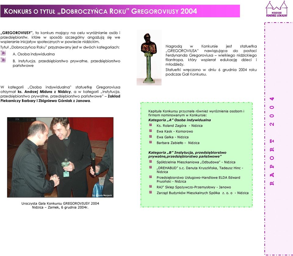 Instytucja, przedsiębiorstwo prywatne, przedsiębiorstwo państwowe Nagrodą w Konkursie jest statuetka GREGOROVIUSA nawiązująca do postaci Ferdynanda Gregoroviusa wielkiego nidzickiego filantropa,