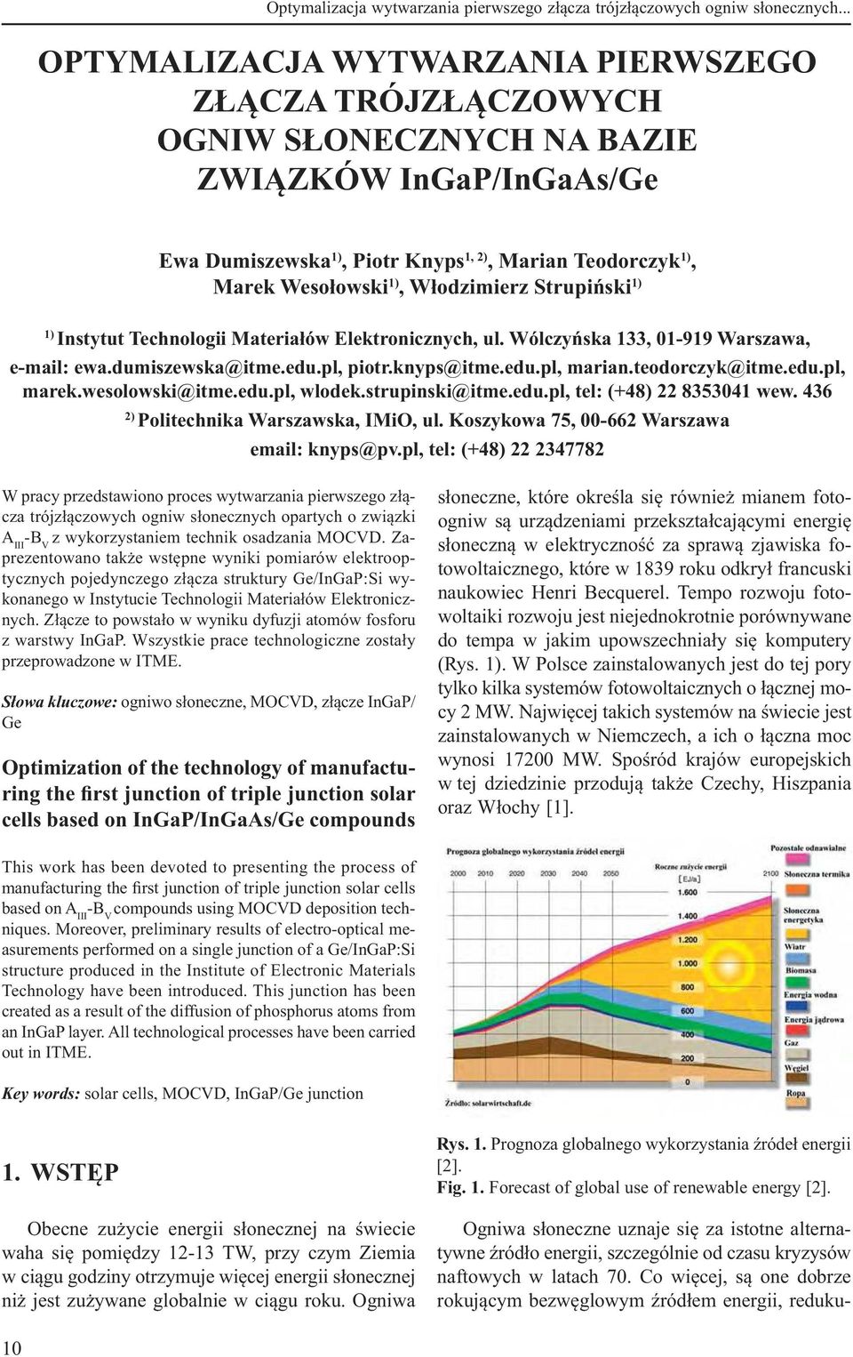 odzimierz Strupi ski 1) 1) Instytut Technologii Materia ów Elektronicznych, ul. Wólczy ska 133, 01-919 Warszawa, e-mail: ewa.dumiszewska@itme.edu.pl, piotr.knyps@itme.edu.pl, marian.teodorczyk@itme.