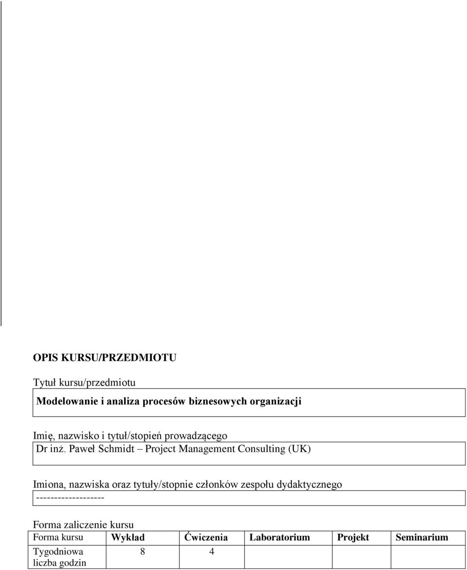 Paweł Schmidt Project Management Consulting (UK) Imiona, nazwiska oraz tytuły/stopnie członków