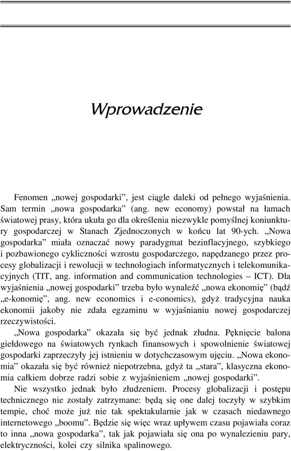 Nowa gospodarka miała oznaczać nowy paradygmat bezinflacyjnego, szybkiego i pozbawionego cykliczności wzrostu gospodarczego, napędzanego przez procesy globalizacji i rewolucji w technologiach