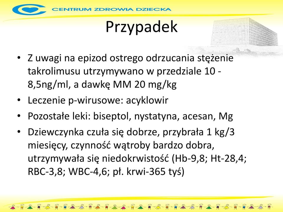 nystatyna, acesan, Mg Dziewczynka czuła się dobrze, przybrała 1 kg/3 miesięcy, czynność