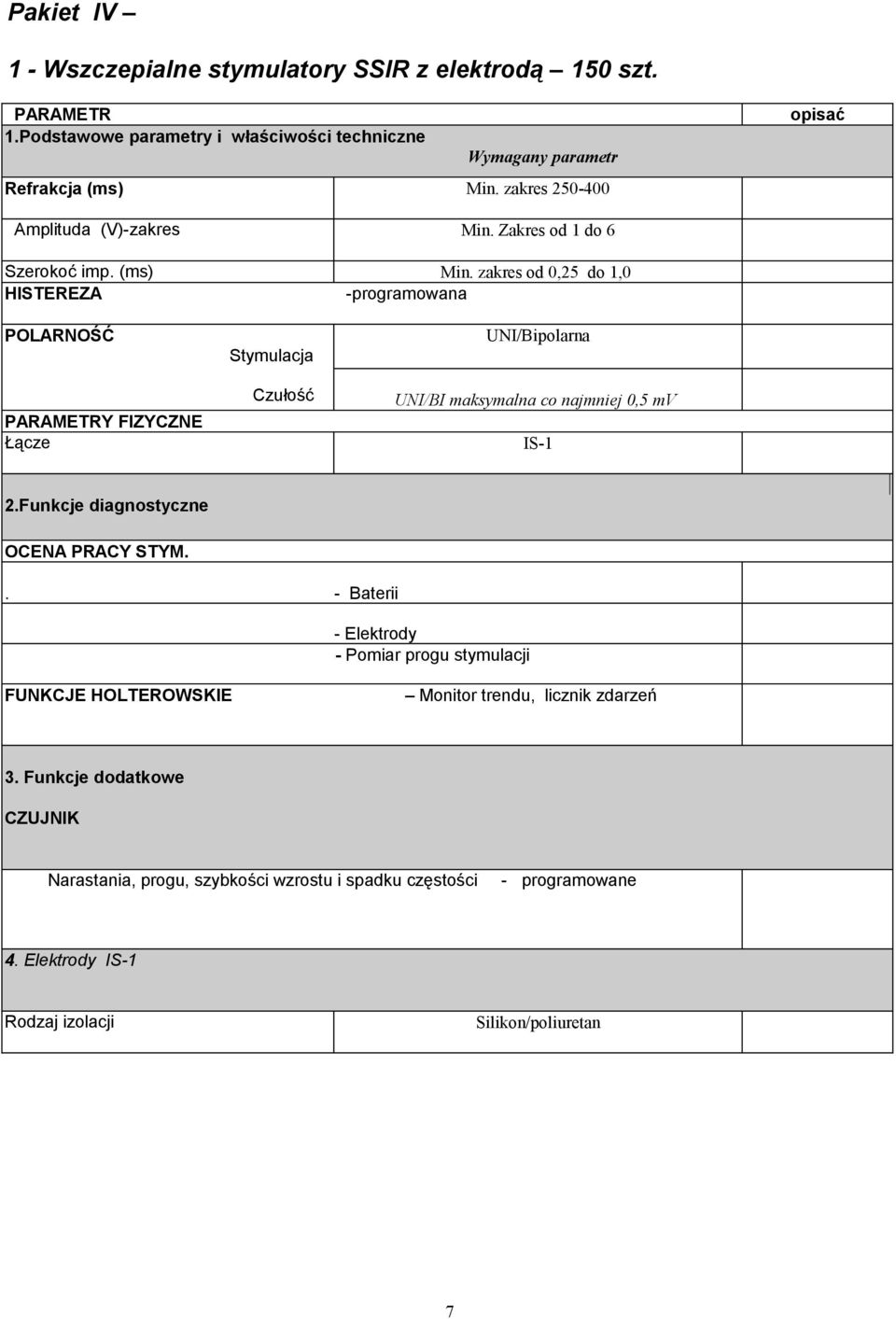 zakres od 0,25 do 1,0 HISTEREZA -programowana POLARNOŚĆ PARAMETRY FIZYCZNE Łącze Stymulacja Czułość UNI/Bipolarna UNI/BI maksymalna co najmniej 0,5 mv IS-1 2.