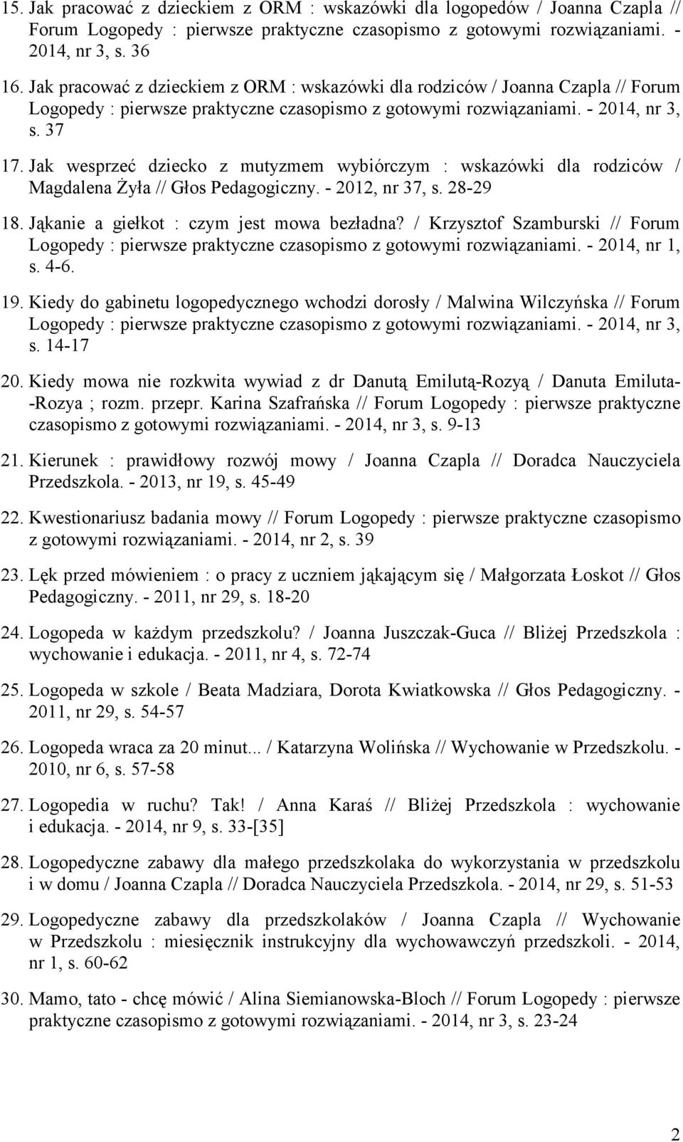 Jak wesprzeć dziecko z mutyzmem wybiórczym : wskazówki dla rodziców / Magdalena śyła // Głos Pedagogiczny. - 2012, nr 37, s. 28-29 18. Jąkanie a giełkot : czym jest mowa bezładna?