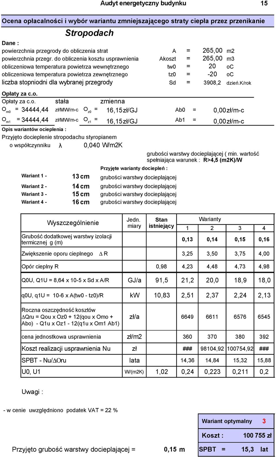 do obliczenia kosztu usprawnienia Akoszt = 265,00 m3 obliczeniowa temperatura powietrza wewnętrznego tw0 = 20 oc obliczeniowa temperatura powietrza zewnętrznego tz0 = -20 oc liczba stopniodni dla