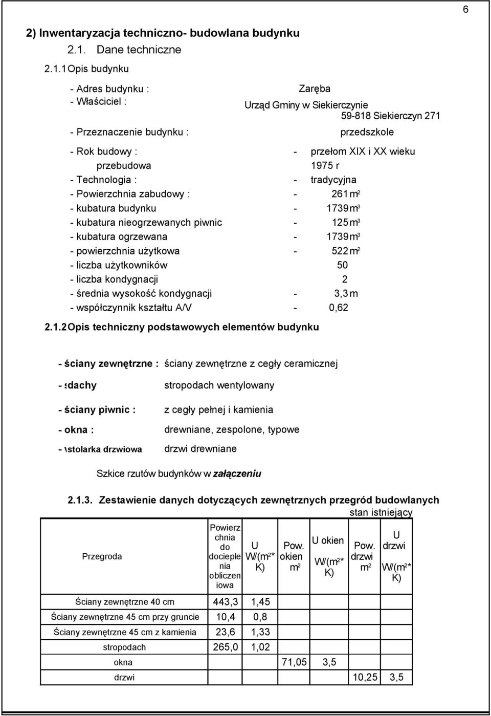 1Opis budynku - Adres budynku : Zaręba - Właściciel : Urząd Gminy w Siekierczynie 59-818 Siekierczyn 271 - Przeznaczenie budynku : przedszkole - Rok budowy : - przełom XIX i XX wieku przebudowa 1975