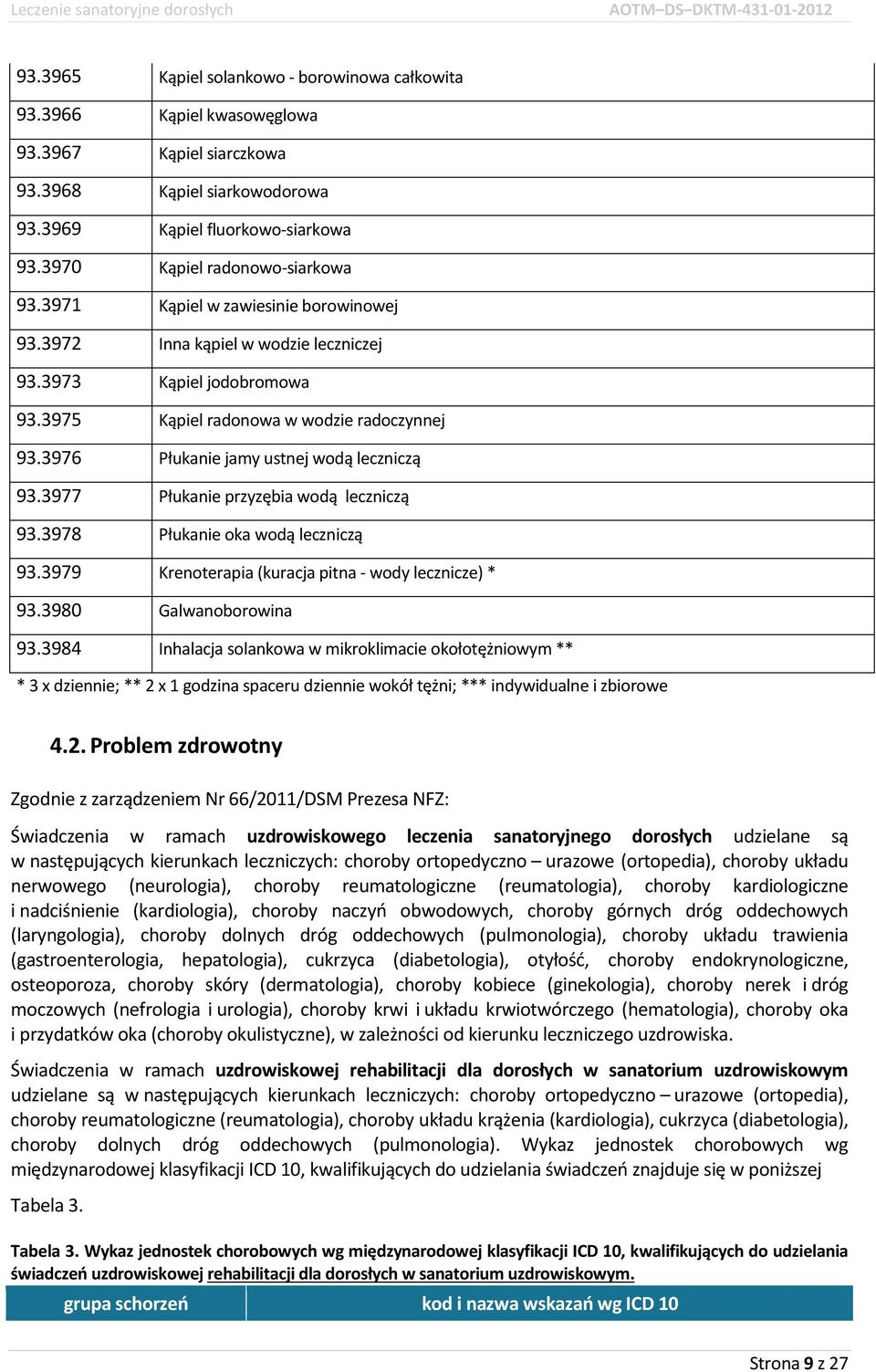 3976 Płukanie jamy ustnej wodą leczniczą 93.3977 Płukanie przyzębia wodą leczniczą 93.3978 Płukanie oka wodą leczniczą 93.3979 Krenoterapia (kuracja pitna - wody lecznicze) * 93.