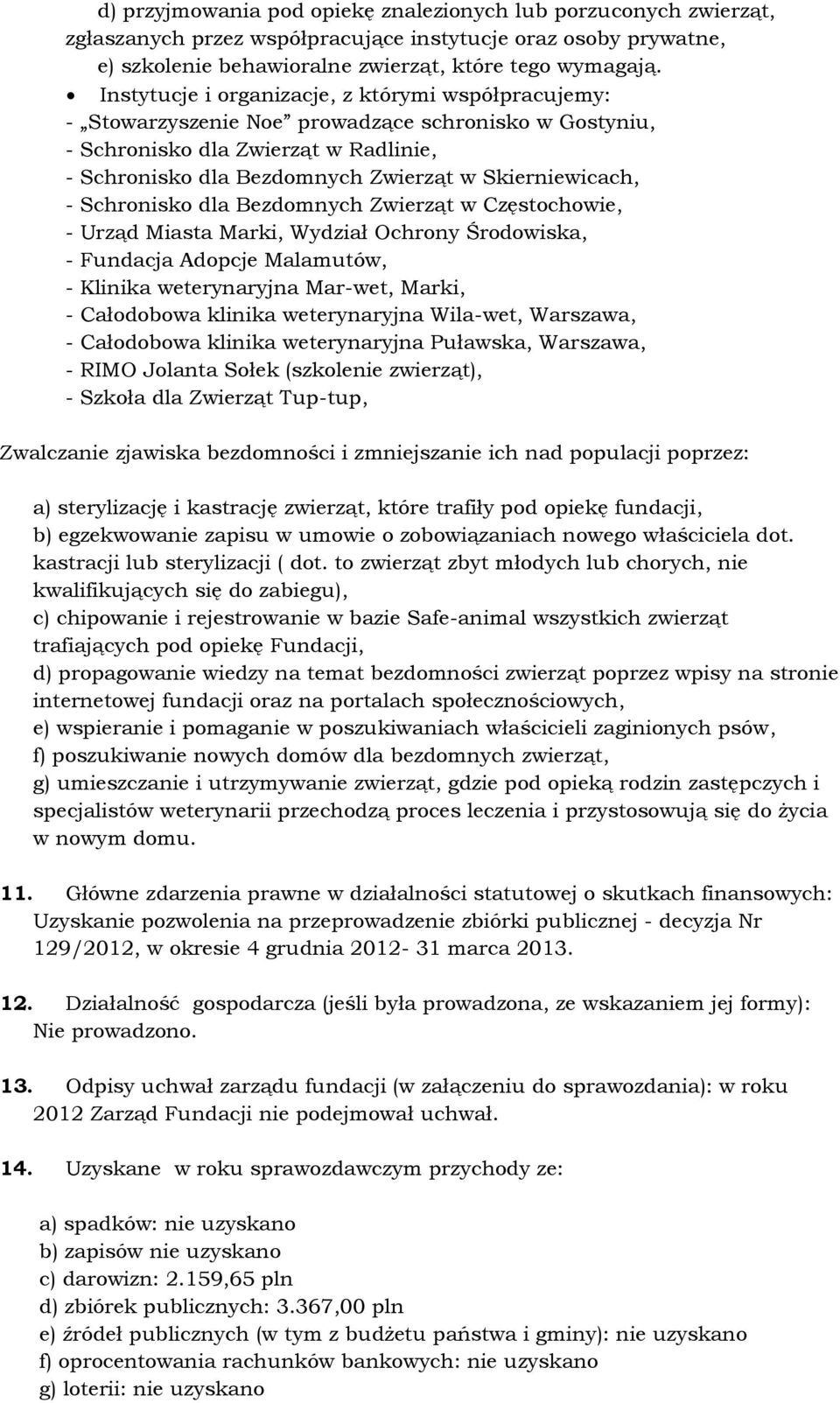 - Schronisko dla Bezdomnych Zwierząt w Częstochowie, - Urząd Miasta Marki, Wydział Ochrony Środowiska, - Fundacja Adopcje Malamutów, - Klinika weterynaryjna Mar-wet, Marki, - Całodobowa klinika