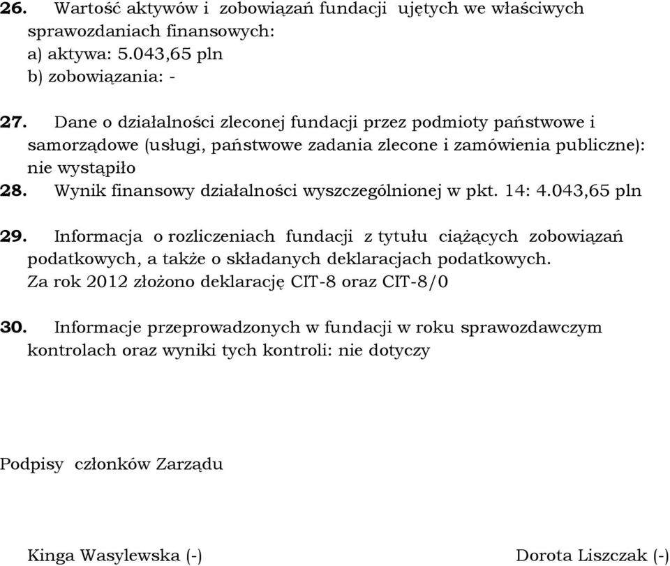 Wynik finansowy działalności wyszczególnionej w pkt. 14: 4.043,65 pln 29.