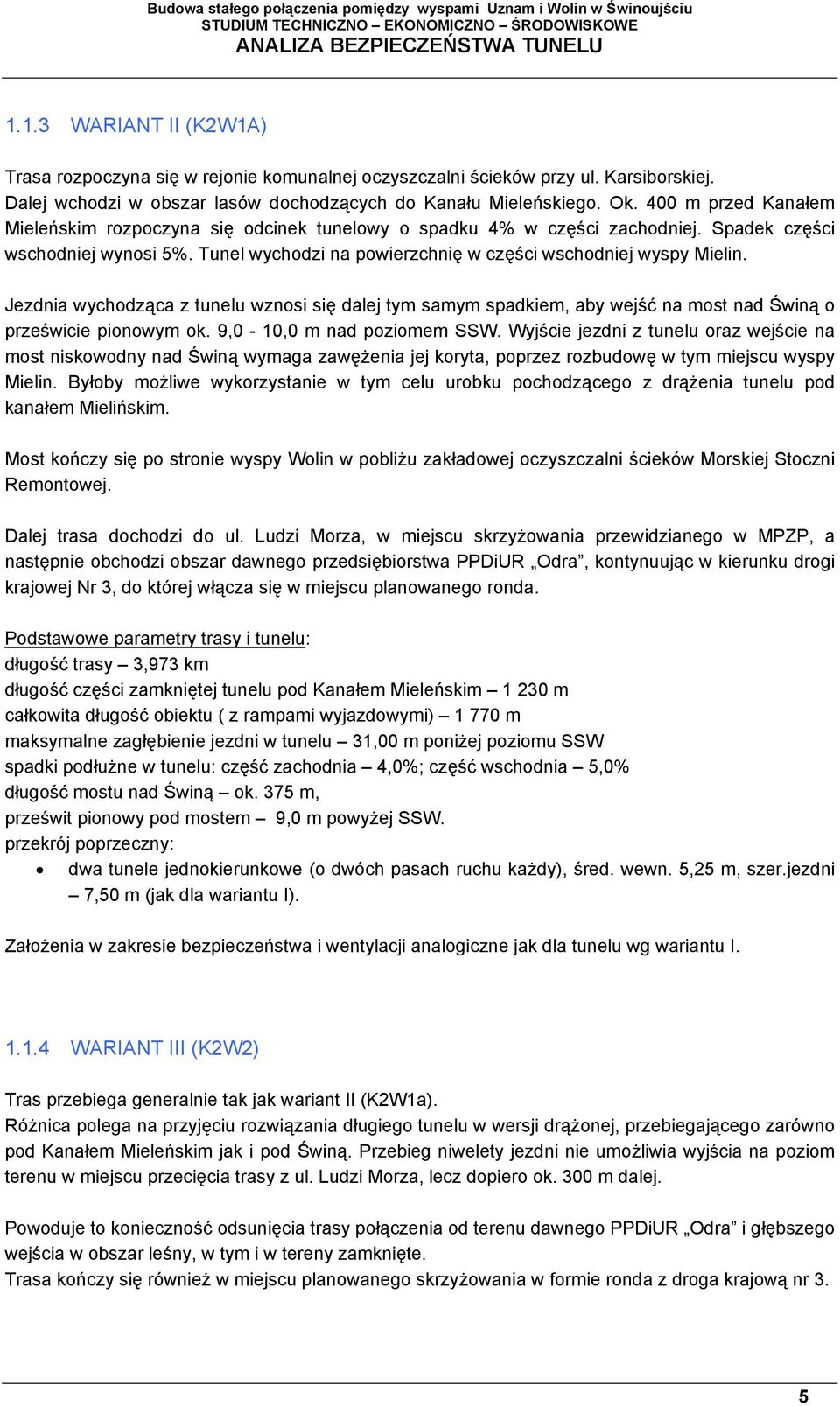 Jezdnia wychodząca z tunelu wznosi się dalej tym samym spadkiem, aby wejść na most nad Świną o prześwicie pionowym ok. 9,0-10,0 m nad poziomem SSW.