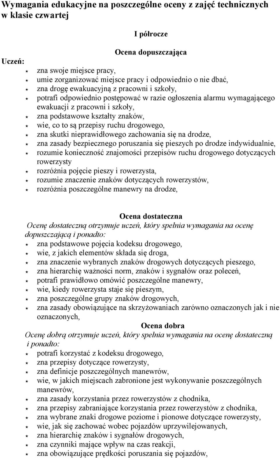 przepisy ruchu drogowego, zna skutki nieprawidłowego zachowania się na drodze, zna zasady bezpiecznego poruszania się pieszych po drodze indywidualnie, rozumie konieczność znajomości przepisów ruchu