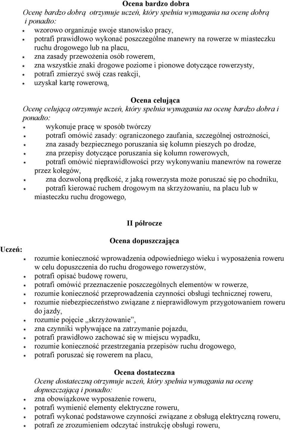 rowerową, Ocena celująca Ocenę celującą otrzymuje uczeń, który spełnia wymagania na ocenę bardzo dobra i wykonuje pracę w sposób twórczy potrafi omówić zasady: ograniczonego zaufania, szczególnej