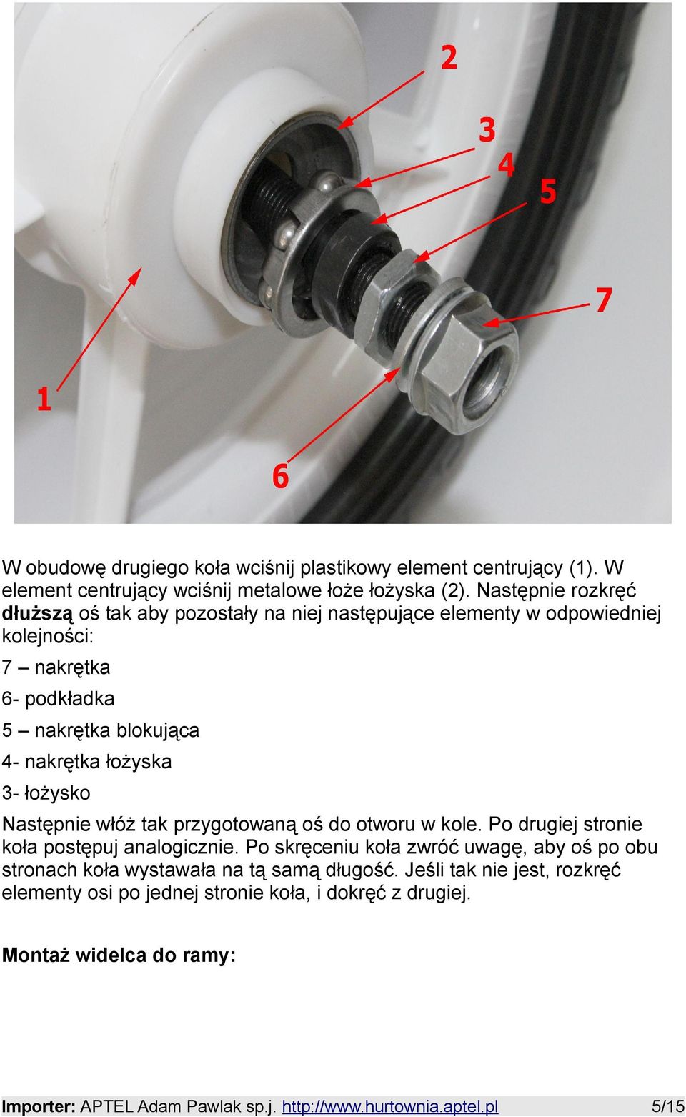 nakrętka łożyska 3- łożysko Następnie włóż tak przygotowaną oś do otworu w kole. Po drugiej stronie koła postępuj analogicznie.