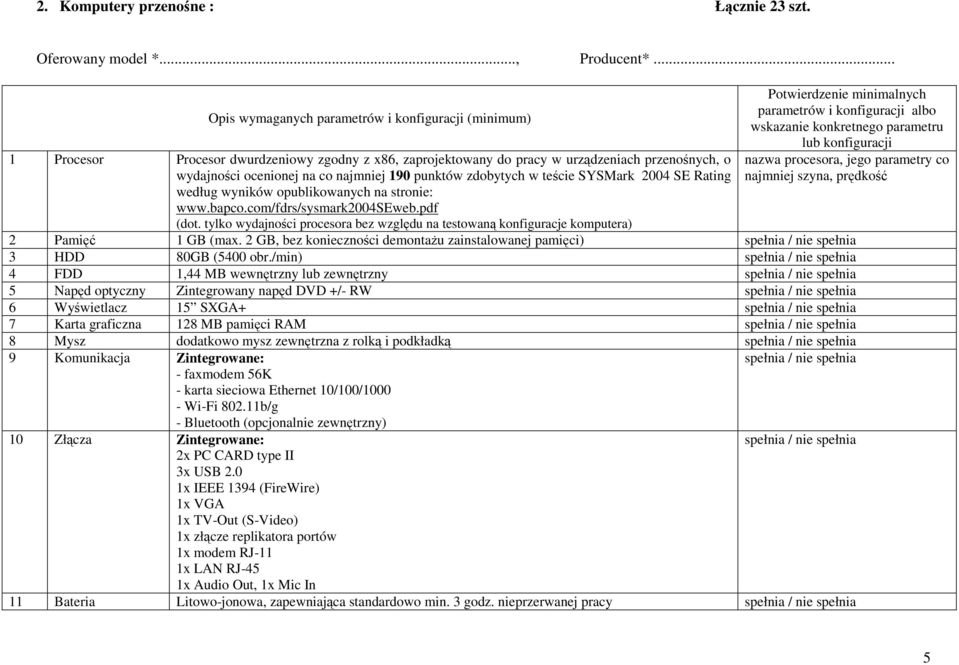 punktów zdobytych w teście SYSMark 2004 SE Rating według wyników opublikowanych na stronie: www.bapco.com/fdrs/sysmark2004seweb.pdf (dot.