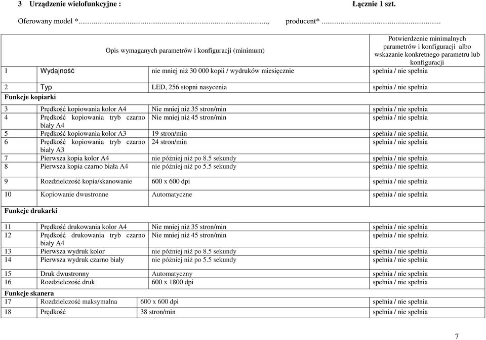 / wydruków miesięcznie 2 Typ LED, 256 stopni nasycenia Funkcje kopiarki 3 Prędkość kopiowania kolor A4 Nie mniej niŝ 35 stron/min 4 Prędkość kopiowania tryb czarno Nie mniej niŝ 45 stron/min biały A4