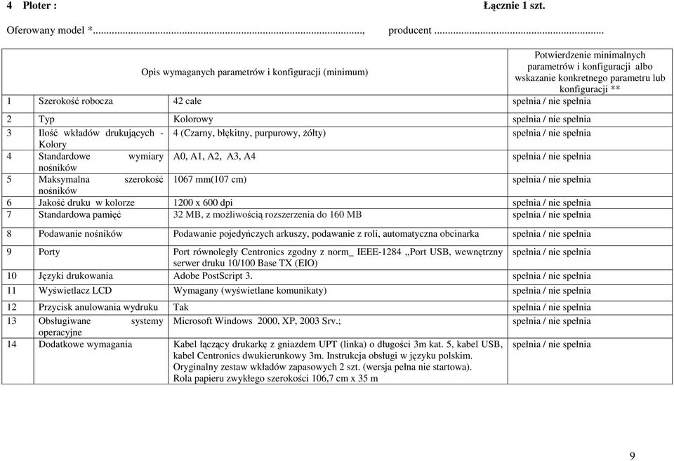 Kolorowy 3 Ilość wkładów drukujących - 4 (Czarny, błękitny, purpurowy, Ŝółty) Kolory 4 Standardowe wymiary A0, A1, A2, A3, A4 nośników 5 Maksymalna szerokość 1067 mm(107 cm) nośników 6 Jakość druku w