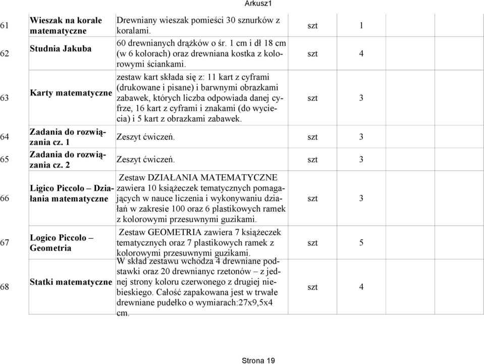 zestaw kart składa się z: 11 kart z cyframi (drukowane i pisane) i barwnymi obrazkami Karty matematyczne 63 zabawek, których liczba odpowiada danej cyfrze, szt 3 16 kart z cyframi i znakami (do