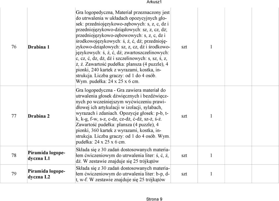 ć, dz, dż, dź i szczelinowych: s, sz, ś, z, ż, ź. Zawartość pudełka: plansza (4 puzzle), 4 pionki, 240 kartek z wyrazami, kostka, instrukcja. Liczba graczy: od 1 do 4 osób. Wym.