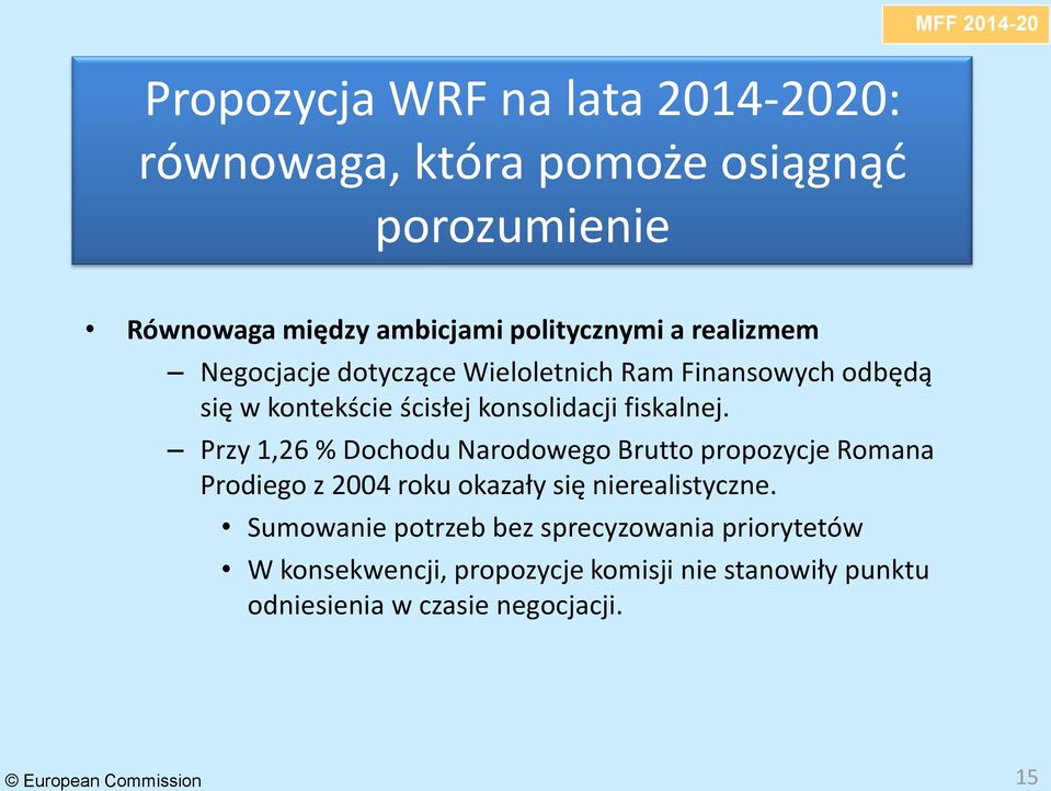 Przy 1,26 % Dochodu Narodowego Brutto propozycje Romana Prodiego z 2004 roku okazały się nierealistyczne.