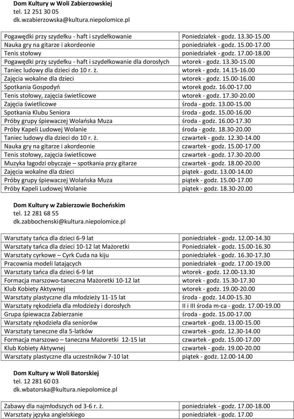 30-15.00 Taniec ludowy dla dzieci do 10 r. ż. wtorek - godz. 14.15-16.00 Zajęcia wokalne dla dzieci wtorek - godz. 15.00-16.00 Spotkania Gospodyń wtorek godz. 16.00-17.