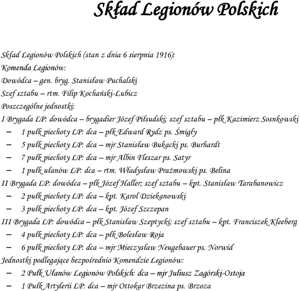 Śmigły 5 pułk piechoty LP: dca mjr Stanisław Bukacki ps. Burhardt 7 pułk piechoty LP: dca mjr Albin Fleszar ps. Satyr 1 pułk ułanów LP: dca rtm. Władysław Prażmowski ps.